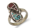 Navajo Ring 925 Silver Chip Inlay Turquoise & Coral Native Artist C.80's