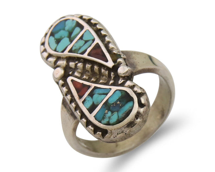Navajo Ring 925 Silver Chip Inlay Turquoise & Coral Native Artist C.80's