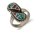 Navajo Ring 925 Silver Chip Inlay Turquoise & Coral Native Artist C.80's