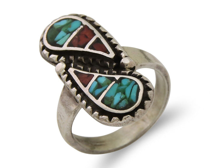 Navajo Ring 925 Silver Chip Inlay Turquoise & Coral Native Artist C.80's