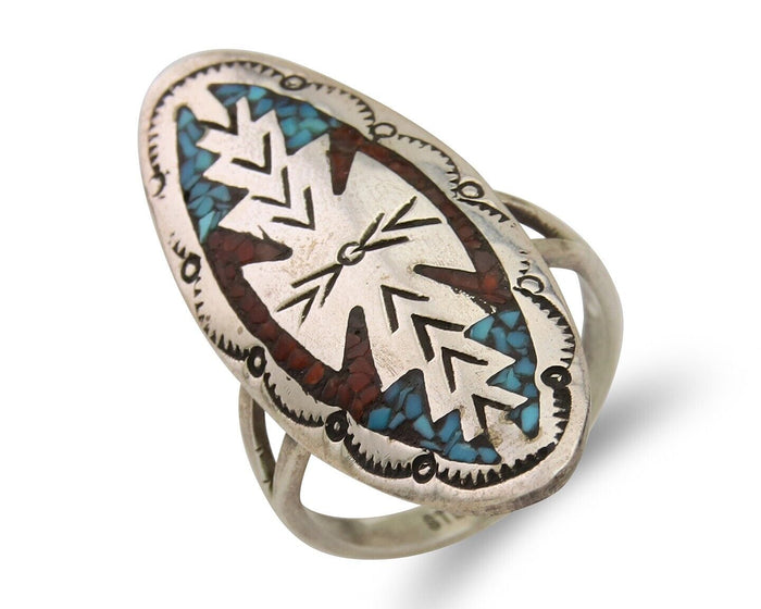 Navajo Ring 925 Silver Chip Inlay Turquoise & Coral Native Artist C.80's