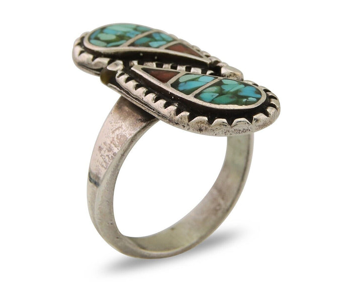 Navajo Ring 925 Silver Chip Inlay Turquoise & Coral Native Artist C.80's