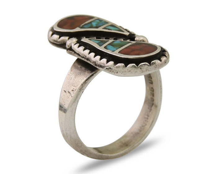 Navajo Ring 925 Silver Chip Inlay Turquoise & Coral Native Artist C.80's