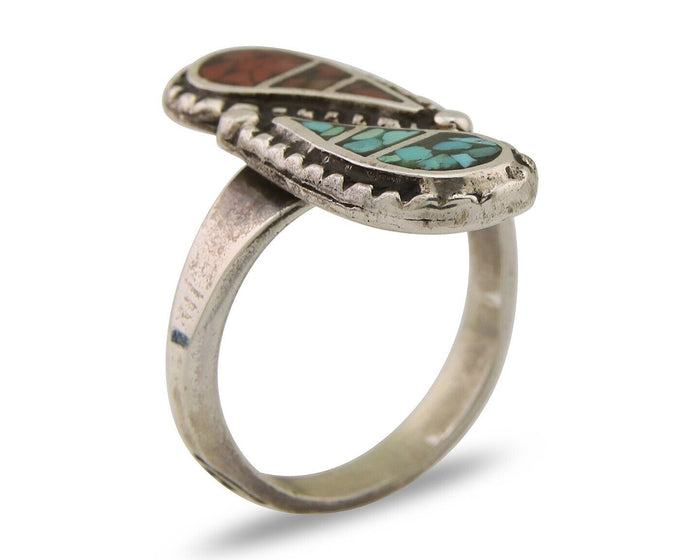 Navajo Ring 925 Silver Chip Inlay Turquoise & Coral Native Artist C.80's