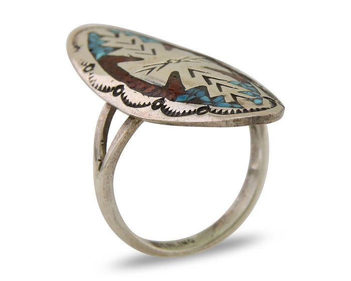 Navajo Ring 925 Silver Chip Inlay Turquoise & Coral Native Artist C.80's