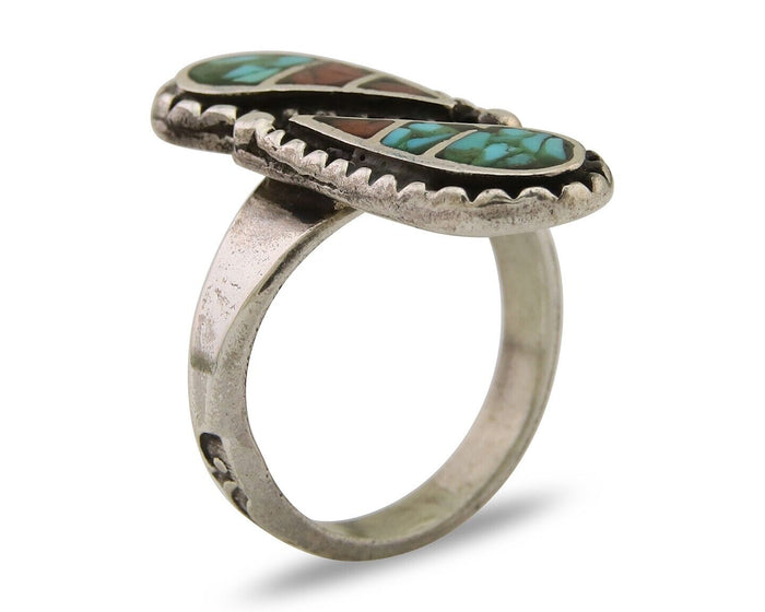 Navajo Ring 925 Silver Chip Inlay Turquoise & Coral Native Artist C.80's