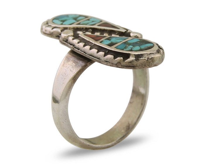 Navajo Ring 925 Silver Chip Inlay Turquoise & Coral Native Artist C.80's