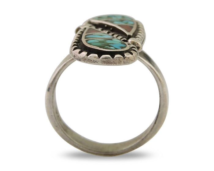 Navajo Ring 925 Silver Chip Inlay Turquoise & Coral Native Artist C.80's