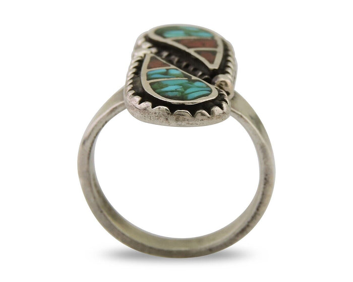 Navajo Ring 925 Silver Chip Inlay Turquoise & Coral Native Artist C.80's