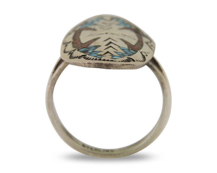 Navajo Ring 925 Silver Chip Inlay Turquoise & Coral Native Artist C.80's