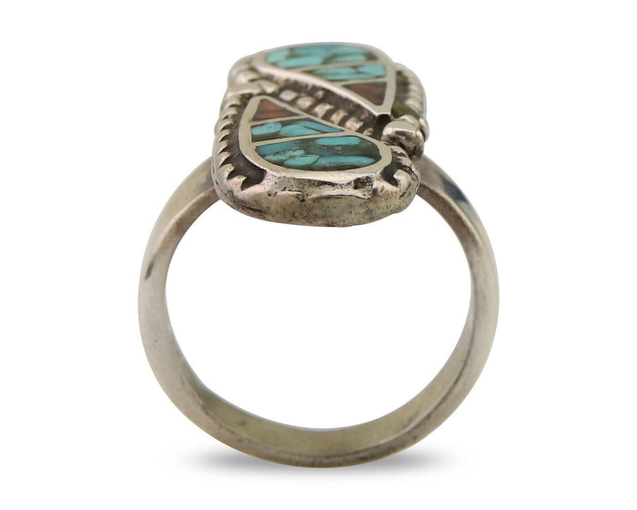 Navajo Ring 925 Silver Chip Inlay Turquoise & Coral Native Artist C.80's