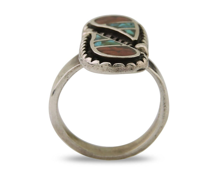 Navajo Ring 925 Silver Chip Inlay Turquoise & Coral Native Artist C.80's