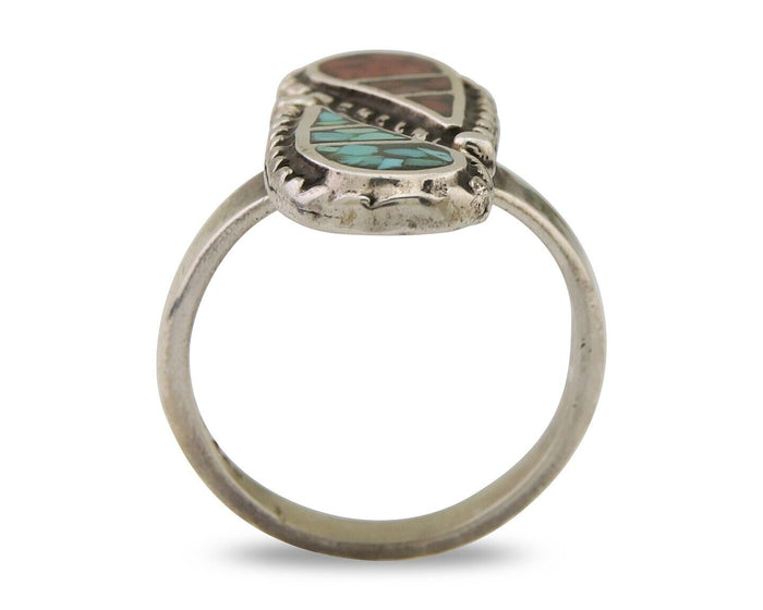 Navajo Ring 925 Silver Chip Inlay Turquoise & Coral Native Artist C.80's