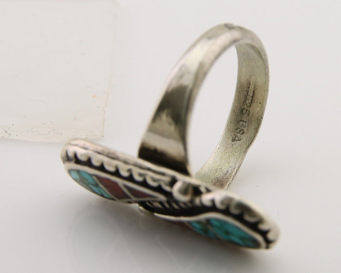 Navajo Ring 925 Silver Chip Inlay Turquoise & Coral Native Artist C.80's