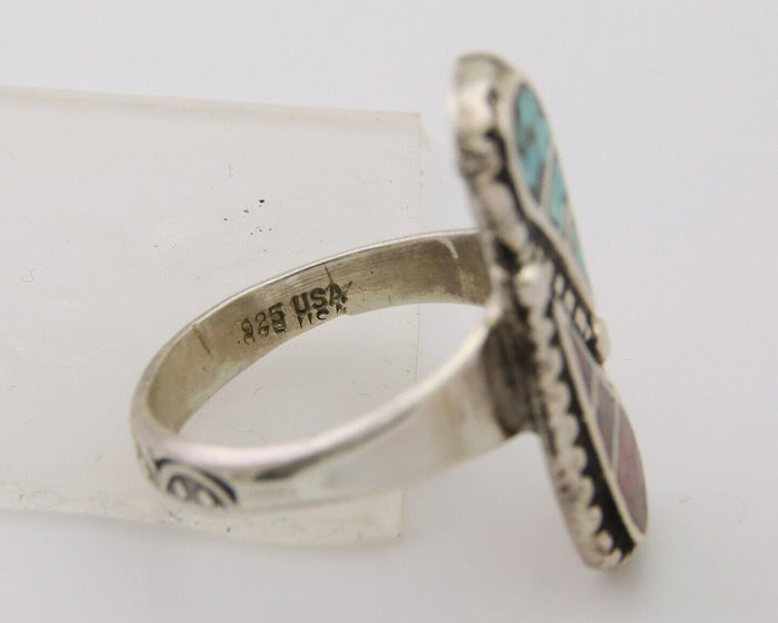 Navajo Ring 925 Silver Chip Inlay Turquoise & Coral Native Artist C.80's