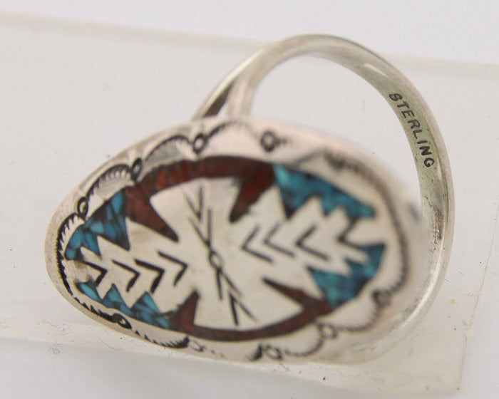 Navajo Ring 925 Silver Chip Inlay Turquoise & Coral Native Artist C.80's