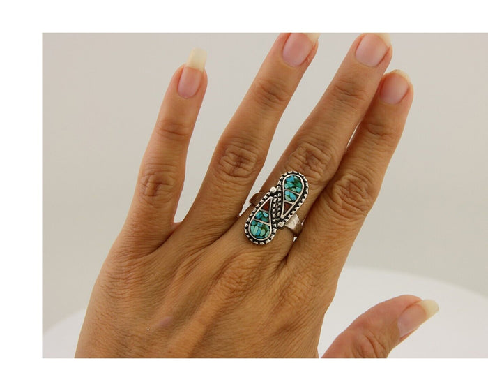 Navajo Ring 925 Silver Chip Inlay Turquoise & Coral Native Artist C.80's