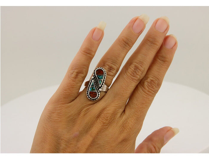 Navajo Ring 925 Silver Chip Inlay Turquoise & Coral Native Artist C.80's