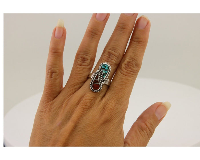 Navajo Ring 925 Silver Chip Inlay Turquoise & Coral Native Artist C.80's