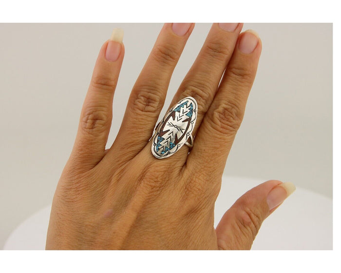 Navajo Ring 925 Silver Chip Inlay Turquoise & Coral Native Artist C.80's