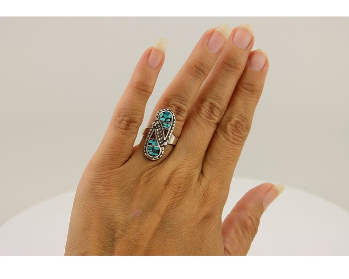 Navajo Ring 925 Silver Chip Inlay Turquoise & Coral Native Artist C.80's