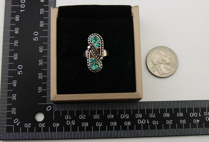 Navajo Ring 925 Silver Chip Inlay Turquoise & Coral Native Artist C.80's