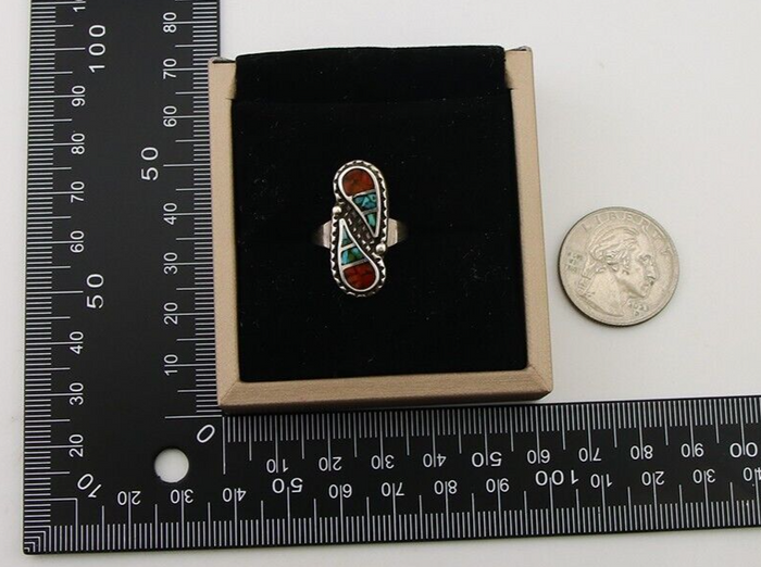 Navajo Ring 925 Silver Chip Inlay Turquoise & Coral Native Artist C.80's