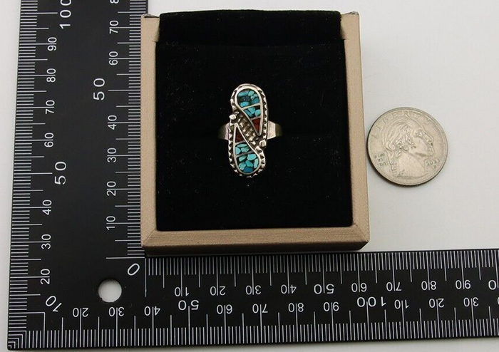 Navajo Ring 925 Silver Chip Inlay Turquoise & Coral Native Artist C.80's