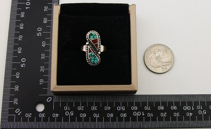Navajo Ring 925 Silver Chip Inlay Turquoise & Coral Native Artist C.80's