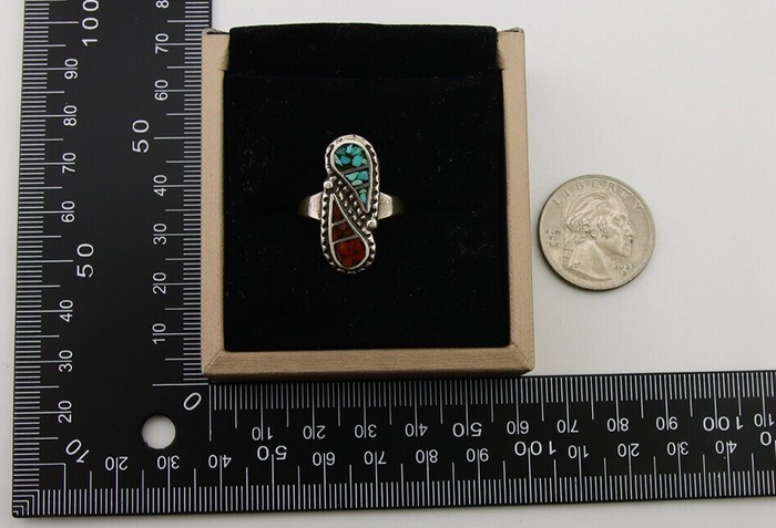 Navajo Ring 925 Silver Chip Inlay Turquoise & Coral Native Artist C.80's