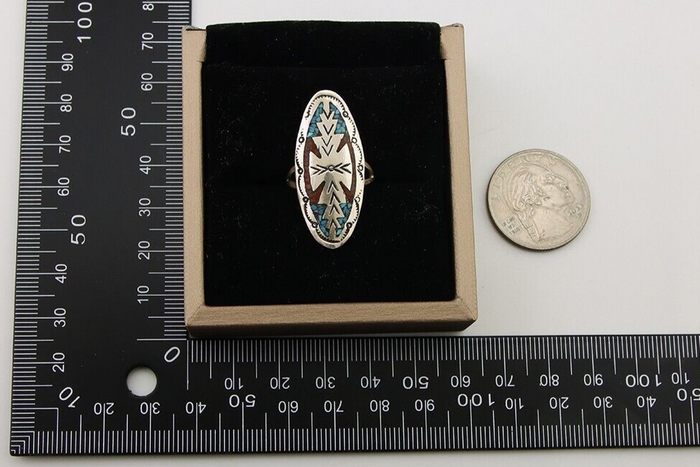 Navajo Ring 925 Silver Chip Inlay Turquoise & Coral Native Artist C.80's