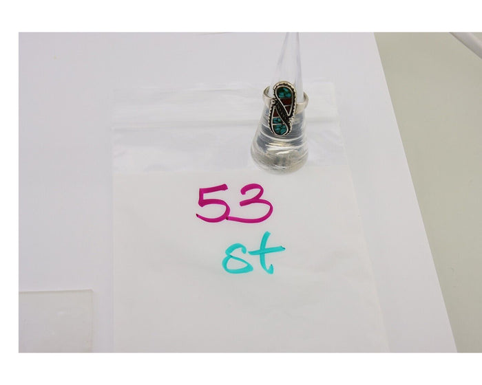 Navajo Ring 925 Silver Chip Inlay Turquoise & Coral Native Artist C.80's