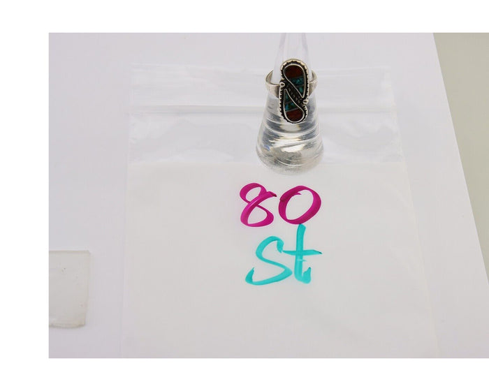 Navajo Ring 925 Silver Chip Inlay Turquoise & Coral Native Artist C.80's