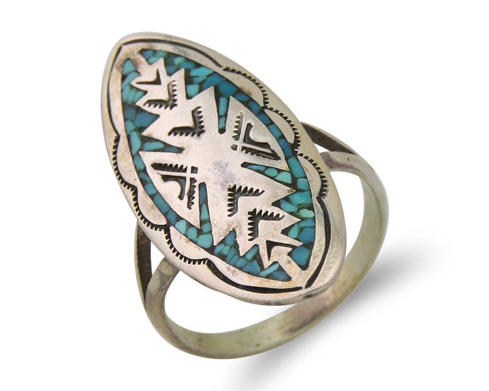 Navajo Ring 925 Silver Chip Inlay Turquoise Native Artist C.80's