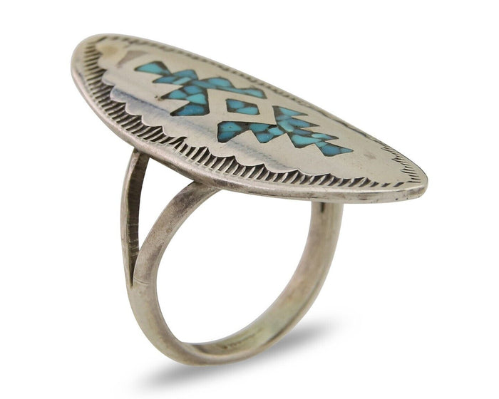 Navajo Ring 925 Silver Chip Inlay Turquoise Native Artist C.80's