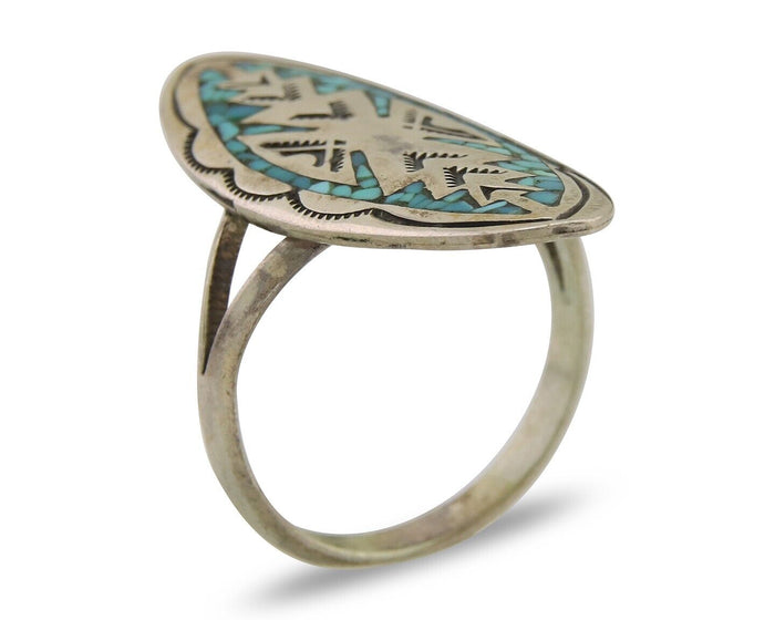 Navajo Ring 925 Silver Chip Inlay Turquoise Native Artist C.80's