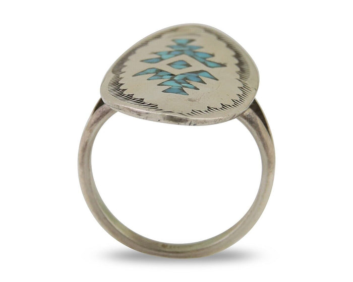 Navajo Ring 925 Silver Chip Inlay Turquoise Native Artist C.80's