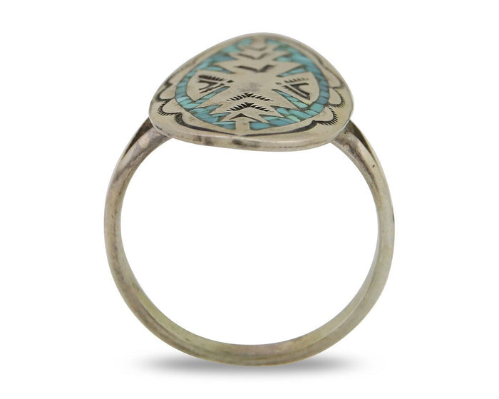 Navajo Ring 925 Silver Chip Inlay Turquoise Native Artist C.80's