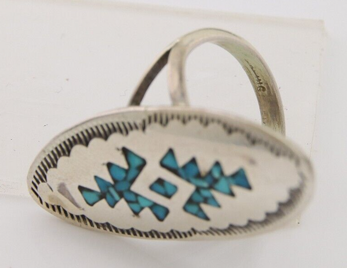 Navajo Ring 925 Silver Chip Inlay Turquoise Native Artist C.80's
