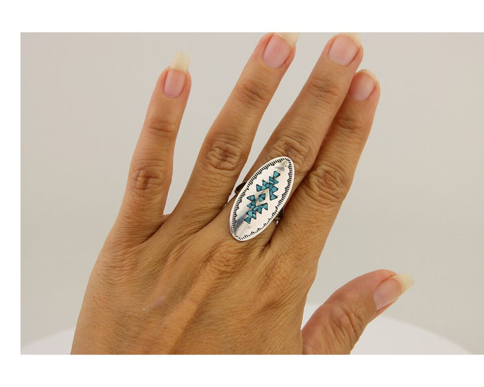 Navajo Ring 925 Silver Chip Inlay Turquoise Native Artist C.80's