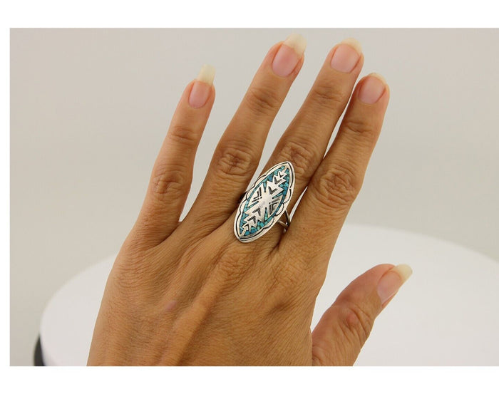 Navajo Ring 925 Silver Chip Inlay Turquoise Native Artist C.80's
