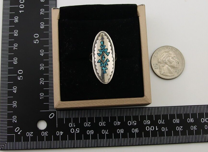 Navajo Ring 925 Silver Chip Inlay Turquoise Native Artist C.80's