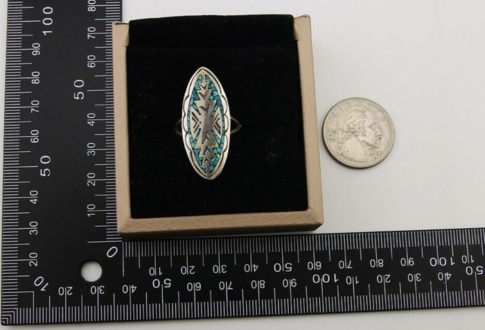 Navajo Ring 925 Silver Chip Inlay Turquoise Native Artist C.80's