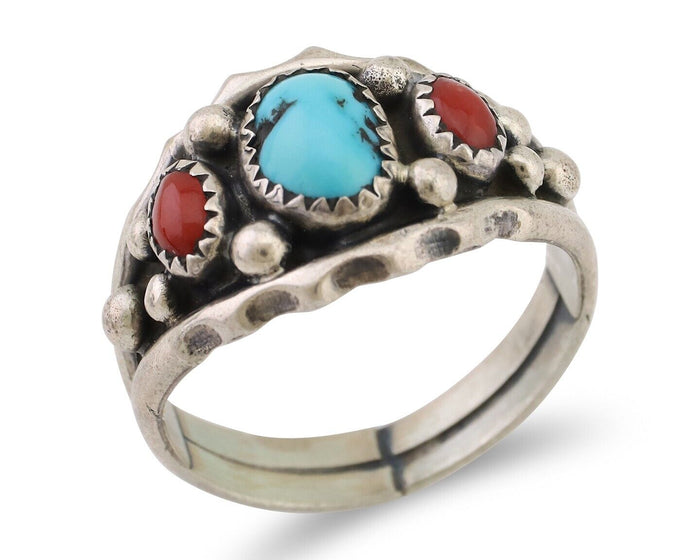 Navajo Ring 925 Silver Coral Turquoise Artist Signed Ella Cowboy C.80's