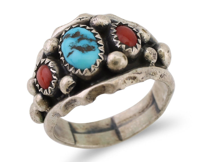 Navajo Ring 925 Silver Coral Turquoise Artist Signed Ella Cowboy C.80's