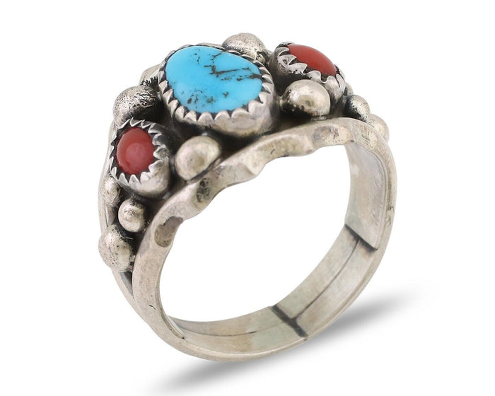 Navajo Ring 925 Silver Coral Turquoise Artist Signed Ella Cowboy C.80's