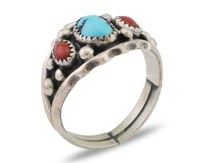 Navajo Ring 925 Silver Coral Turquoise Artist Signed Ella Cowboy C.80's