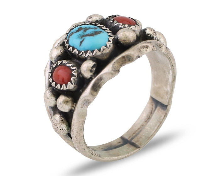 Navajo Ring 925 Silver Coral Turquoise Artist Signed Ella Cowboy C.80's