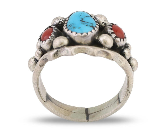 Navajo Ring 925 Silver Coral Turquoise Artist Signed Ella Cowboy C.80's