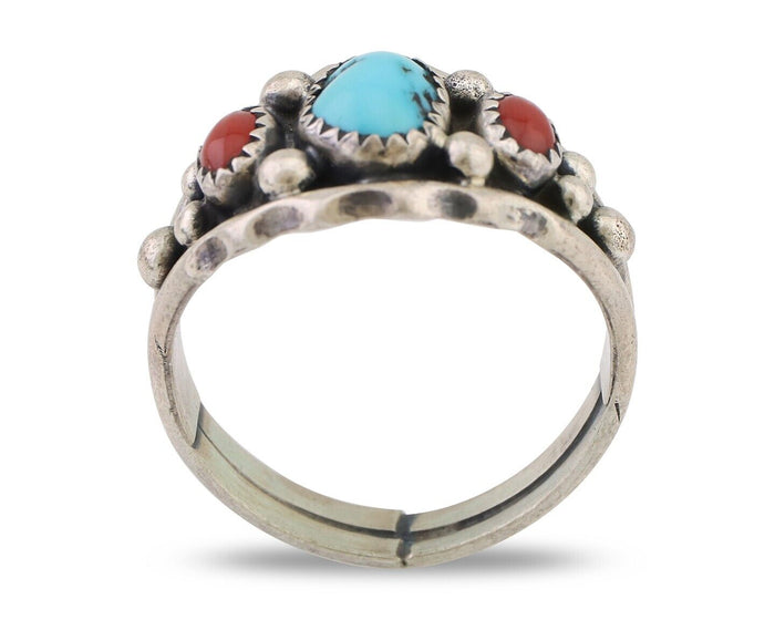 Navajo Ring 925 Silver Coral Turquoise Artist Signed Ella Cowboy C.80's